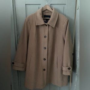 Lands End Camel wool Coat new. Never worn. Back pleat. Double sleeve button.
